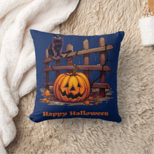 Schwarze Katze auf Zaun Kürbis Frohes Halloween Kissen