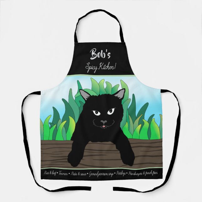 Schwarze Katze auf Zaun mit grünem Gras Schürze (Vorderseite)