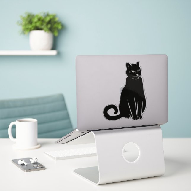 Schwarze Katze Aufkleber (Laptop auf Schreibtisch)