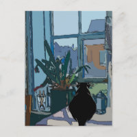 Schwarze Katze aus dem Fenster schauend,