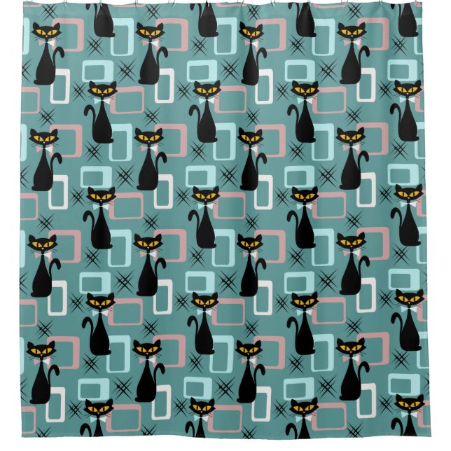 Schwarze Katze aus der Mitte des Jahrhunderts Duschvorhang (Vorderseite)