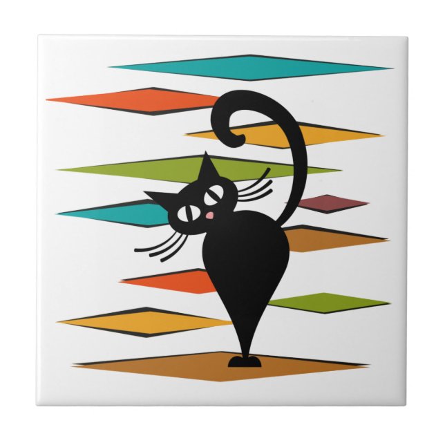 Schwarze Katze aus der Mitte des Jahrhunderts Fliese (Vorderseite)