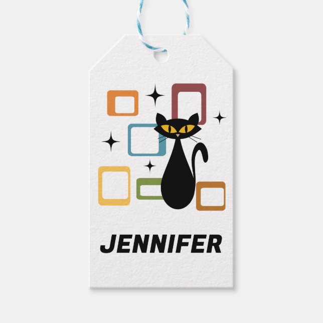 Schwarze Katze aus der Mitte des Jahrhunderts Geschenkanhänger (Vorderseite)