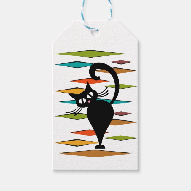 Schwarze Katze aus der Mitte des Jahrhunderts Geschenkanhänger (Vorderseite)