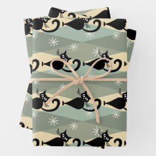 Schwarze Katze aus der Mitte des Jahrhunderts Geschenkpapier Set