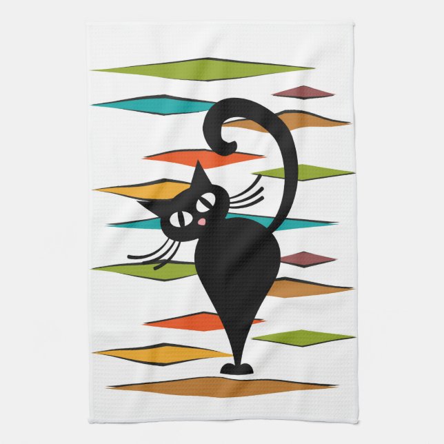 Schwarze Katze aus der Mitte des Jahrhunderts Geschirrtuch (Vertikal)