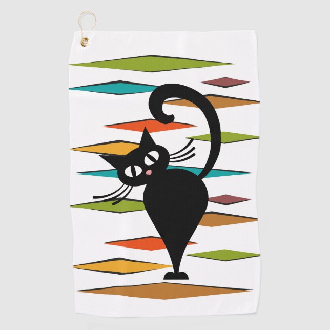 Schwarze Katze aus der Mitte des Jahrhunderts Golfhandtuch (Vorderseite)