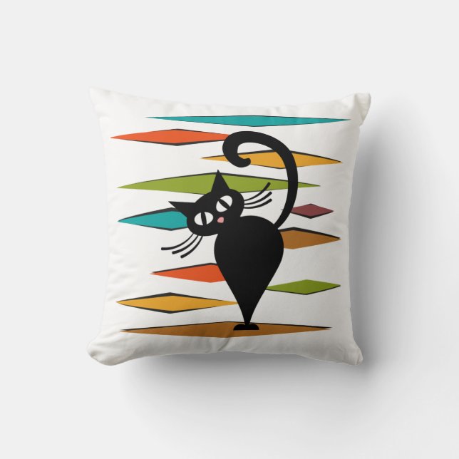 Schwarze Katze aus der Mitte des Jahrhunderts Kissen (Vorderseite)