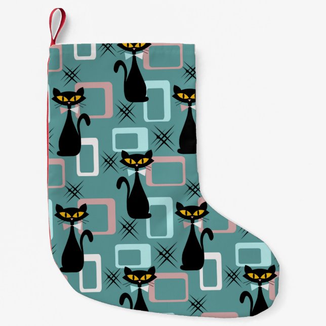 Schwarze Katze aus der Mitte des Jahrhunderts Kleiner Weihnachtsstrumpf (Vorderseite)