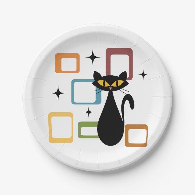 Schwarze Katze aus der Mitte des Jahrhunderts Pappteller (Vorderseite)