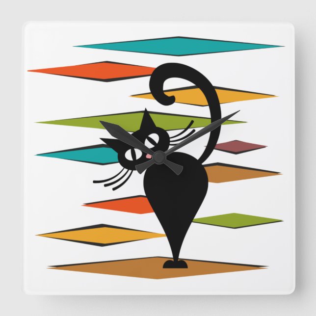 Schwarze Katze aus der Mitte des Jahrhunderts Quadratische Wanduhr (Vorderseite)