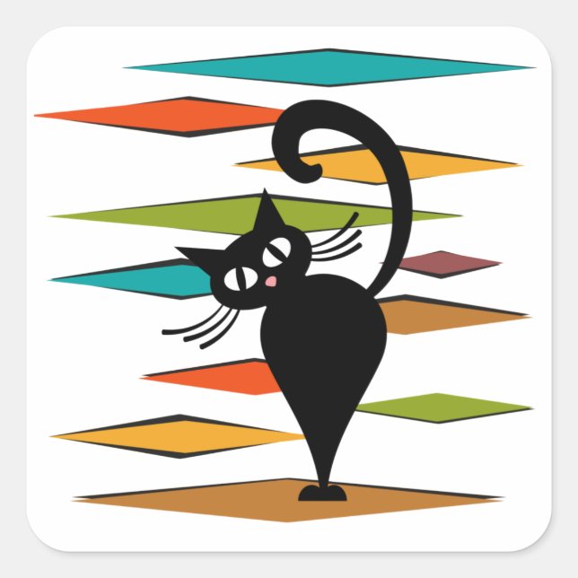 Schwarze Katze aus der Mitte des Jahrhunderts Quadratischer Aufkleber (Vorderseite)