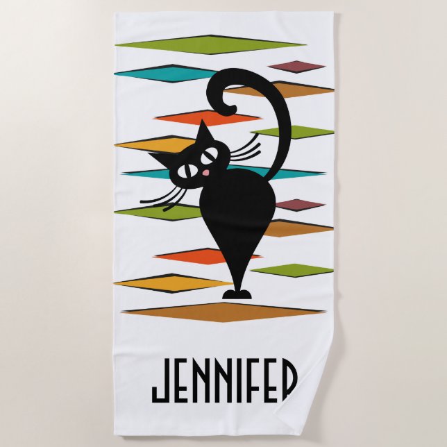 Schwarze Katze aus der Mitte des Jahrhunderts Strandtuch (Vorderseite)