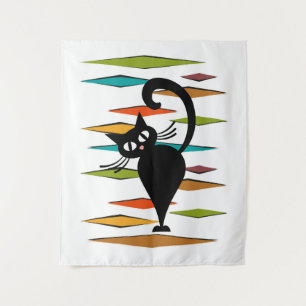 Schwarze Katze aus der Mitte des Jahrhunderts Wandteppich