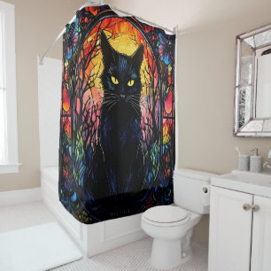 Schwarze Katze aus festem Glas Roter Spooky Duschvorhang