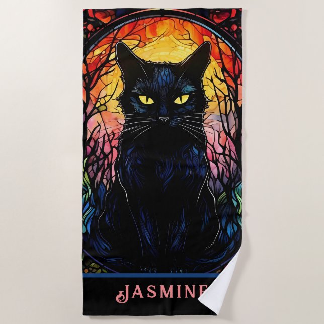 Schwarze Katze aus festem Glas Roter Spooky Strandtuch (Vorderseite)