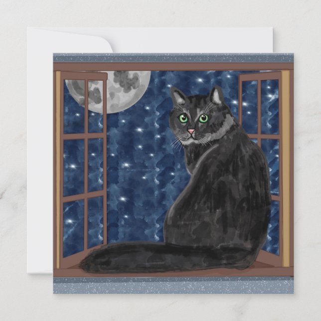 Schwarze Katze Ausblick Fenster auf Sterne und Mon Karte (Vorderseite)