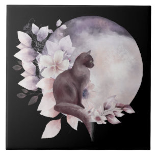 Schwarze Katze bei einem magischen Vollmond Fliese