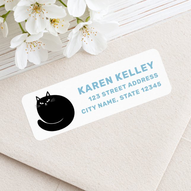 Schwarze Katze blaue weiße Rücksendeadresse (Black cat blue white return address label)