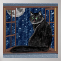 Schwarze Katze Blick auf Mond und Sterne