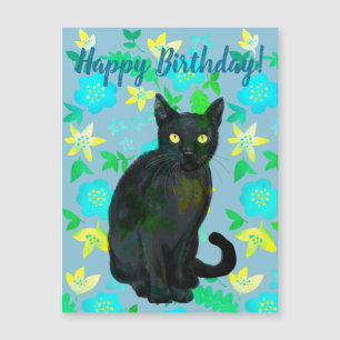Schwarze Katze, Blüte, Geburtsmagnet Magnetkarte