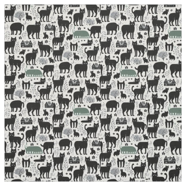 Schwarze Katze botanisches weißes Muster Stoff (Muster)