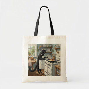 Schwarze Katze brät Eier und Speck Tragetasche