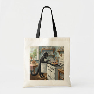 Schwarze Katze brät Eier und Speck Tragetasche