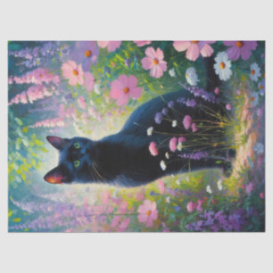 Schwarze Katze Bunte Wildblumen Decoupage Seidenpapier