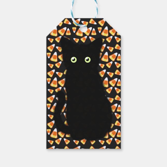 Schwarze Katze, Candy Mais Muster, Halloween-Spaß Geschenkanhänger (Vorderseite)