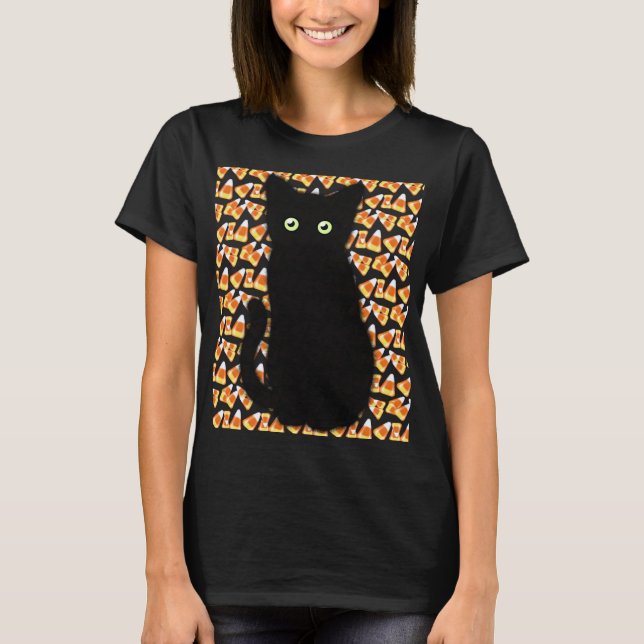 Schwarze Katze, Candy Mais Muster, Halloween-Spaß T-Shirt (Vorderseite)