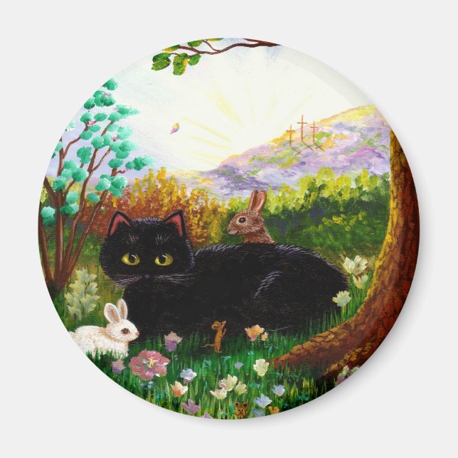 Schwarze Katze Christliche Kunstmalerei LRA Magnet (Vorne)