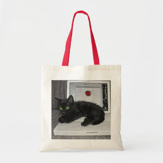Schwarze Katze des Prunella, die auf Laptop Tragetasche