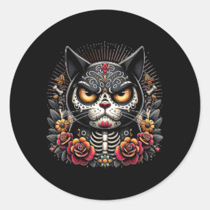 Schwarze Katze Dia De Los Muertos mürrische schwar Runder Aufkleber