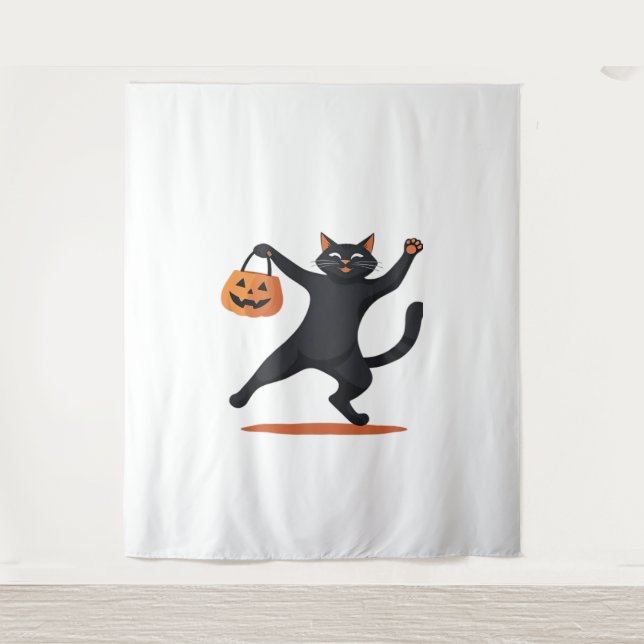 Schwarze Katze, die am Halloween-Bash heranreift u Wandteppich (Vorderseite)