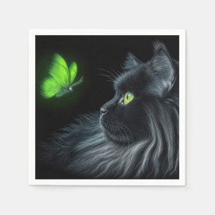 Schwarze Katze, die an einem glühenden grünen Schm Serviette