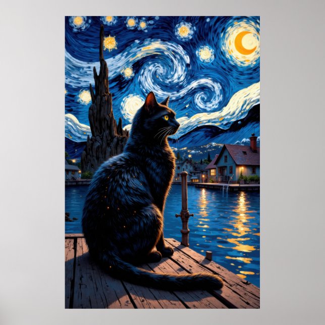 Schwarze Katze, die auf eine sternklare nächtliche Poster (Vorne)