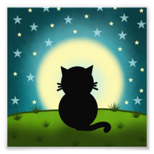Schwarze Katze, die den Mond ansieht Fotodruck
