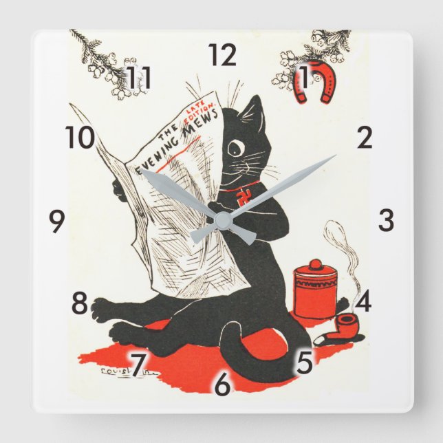 Schwarze Katze, die eine Zeitung, Louis Wain liest Quadratische Wanduhr (Vorderseite)
