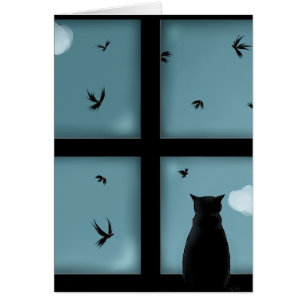 Schwarze Katze, die heraus Fenster Himmel