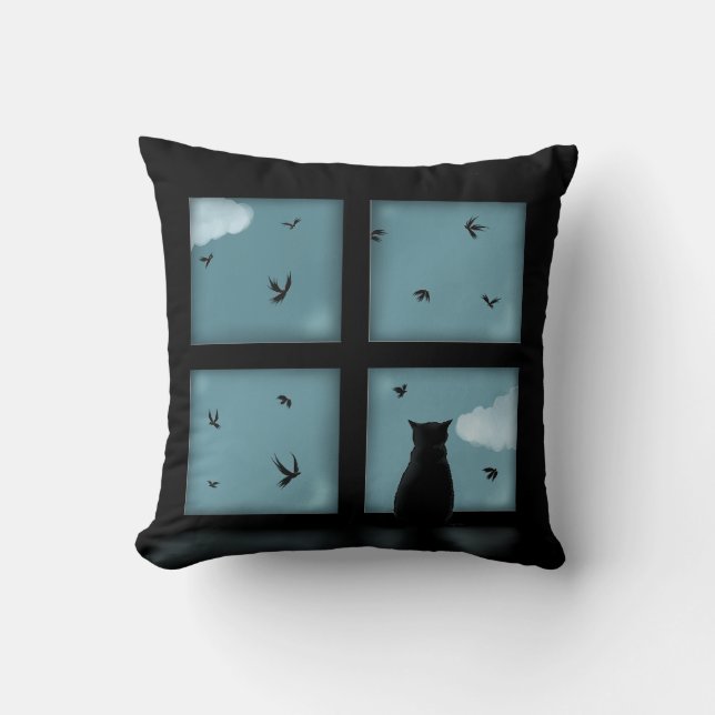 Schwarze Katze, die heraus Fenster Himmel Kissen (Vorderseite)