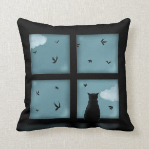 Schwarze Katze, die heraus Fenster Himmel Kissen