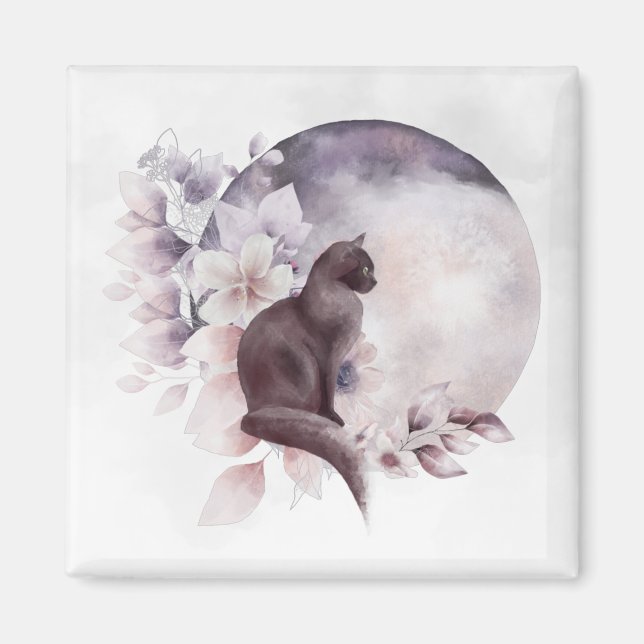 Schwarze Katze durch einen magischen Vollmond Magnet (Vorne)