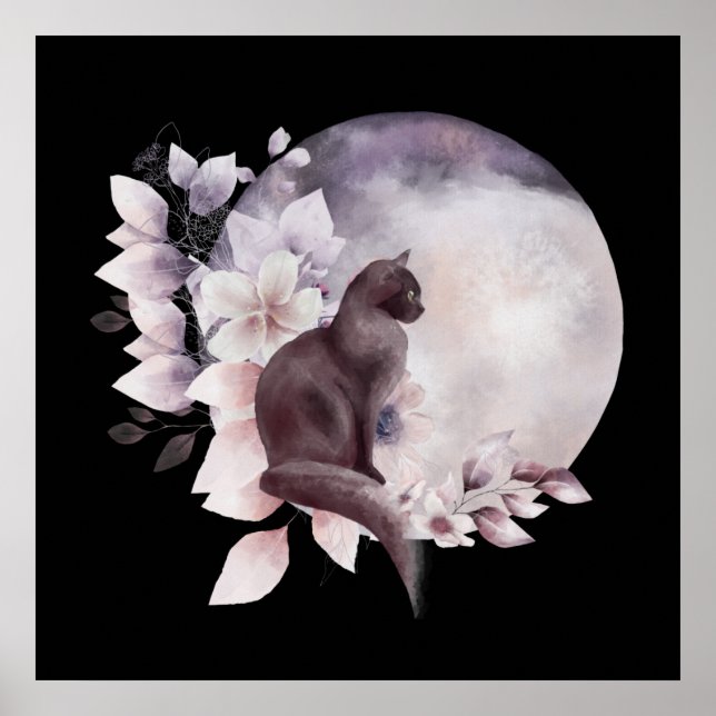 Schwarze Katze durch einen magischen Vollmond Poster (Vorne)