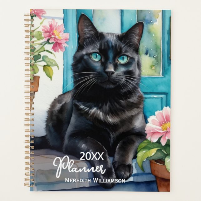 Schwarze Katze Elegantes Wasserfarbenjahr Planer (Vorderseite)