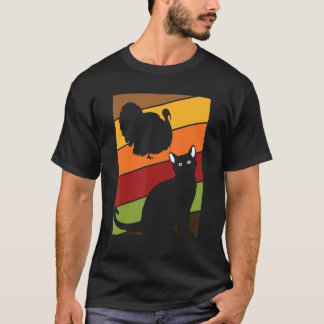 Schwarze Katze Erntedankfest Retro Truthahn Herbst T-Shirt