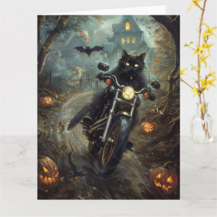 Schwarze Katze fährt Motorrad Halloween Gruselig Karte