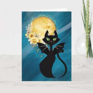 Schwarze Katze   Fledermauskatze   Elegante Hallow Feiertagskarte