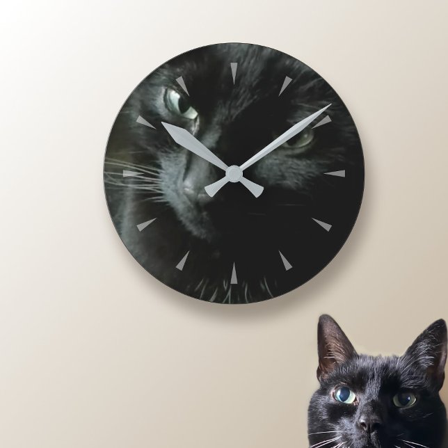 Schwarze Katze Foto Runde Wanduhr (Let your black cat silently judge you as you check what time it is.)