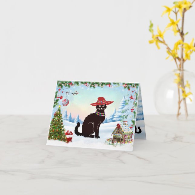 Schwarze Katze Frohe Feiertage Karte (Gelbe Blume)
